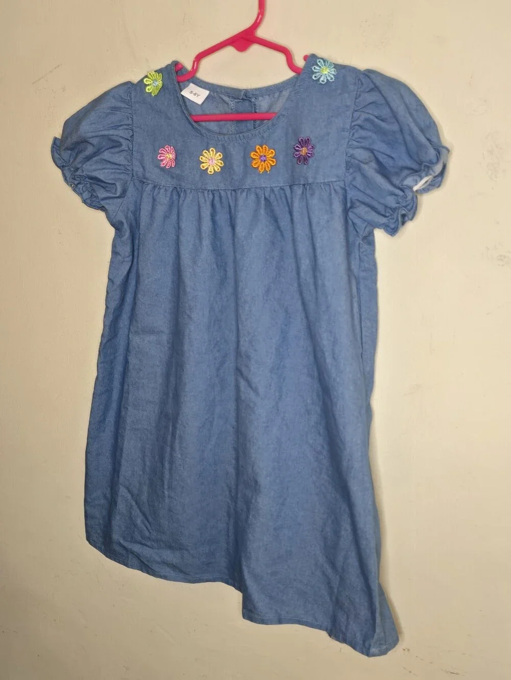 Girls Chambray Flower Embroidered Puff Sleeve Dress Blue 5-6Y Cottagecore